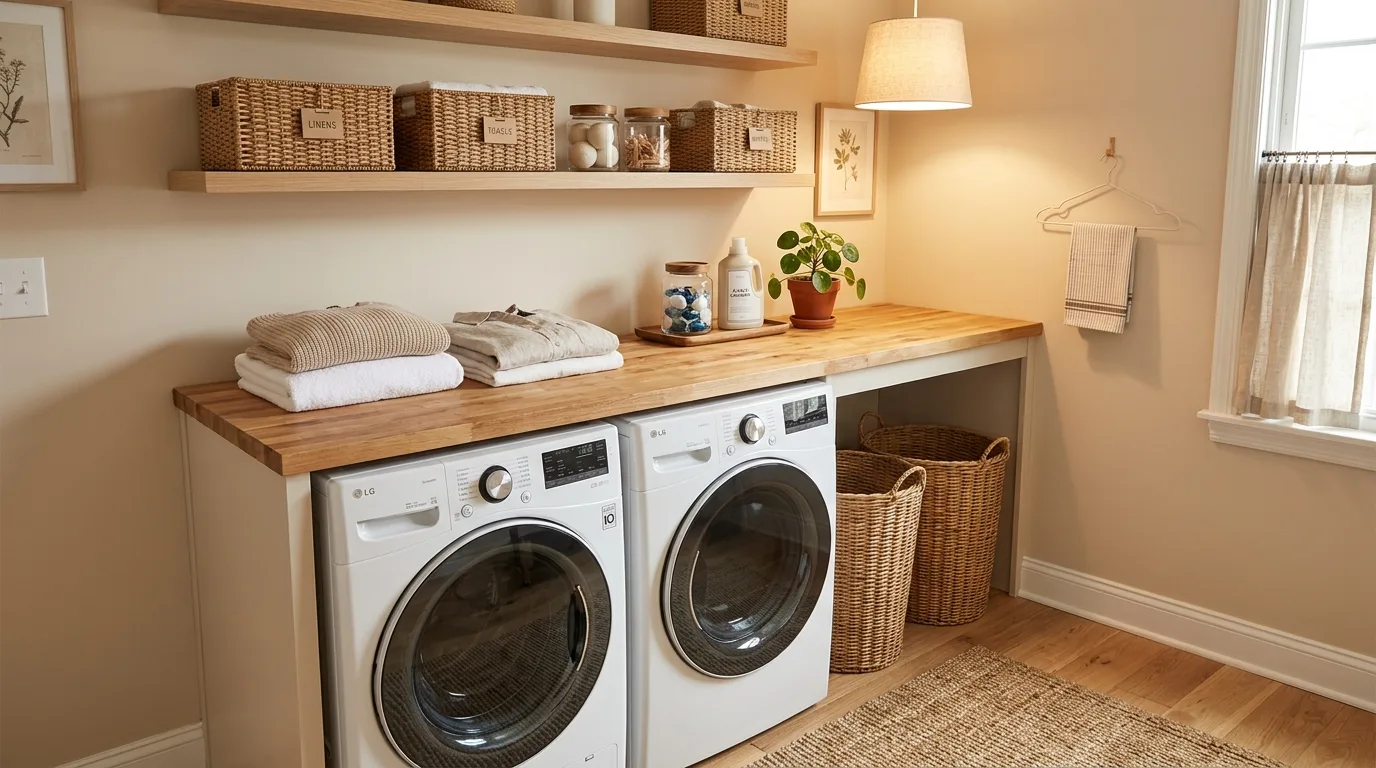 Use vertical wall storage for supplies inspiration for a small laundry room.